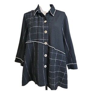 Ali Miles Button Up Long Sleeve Shirt Blouse Black Striped Artsy Women’s Sz PXL